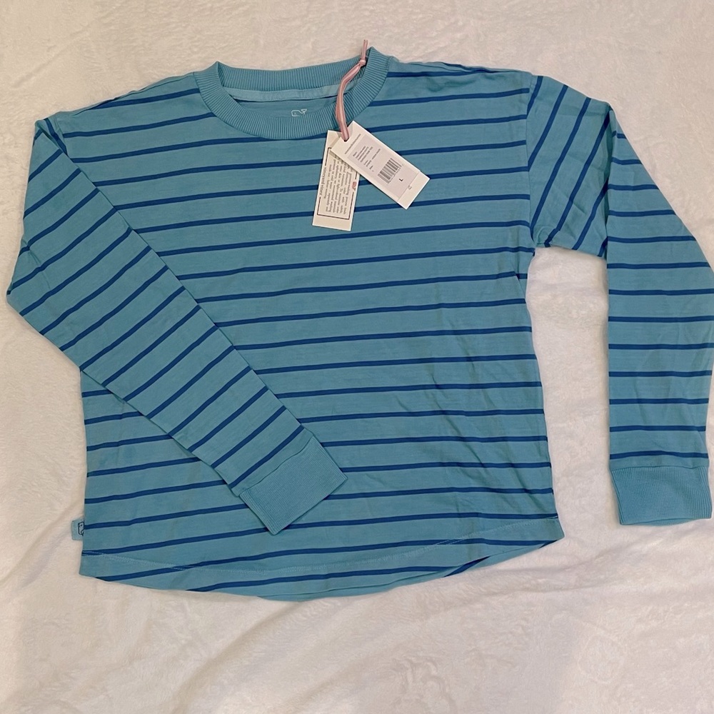 NWT!! Vineyard Vines Girls Striped LS Tee. Aqua & Blue.  Curved Hem. Size L.